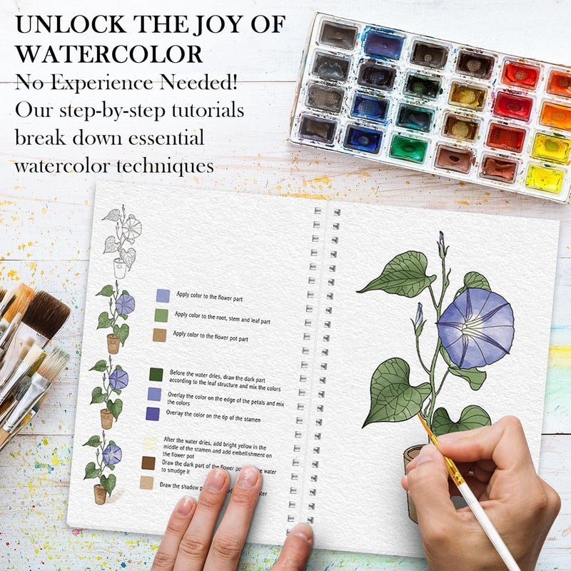 ADEVIAN Watercolor Workbook, Watercolor Workbook Paint Book Beginner Friendly, 12 Different Patterns Stress-Relieving Art Crafts for Creative Exploration Gift for Women Adults Teens (Flower, 1) - Image 4